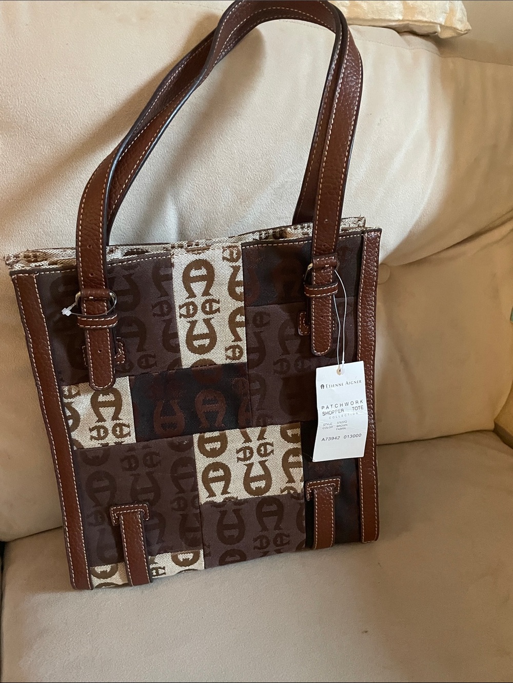 Etienne Aigner Brown & Cream Patchwork Tote